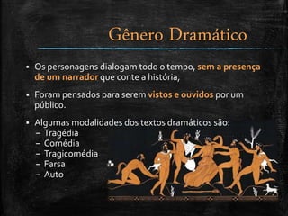  Os personagens dialogam todo o tempo, sem a presença
de um narrador que conte a história,
 Foram pensados para serem vistos e ouvidos por um
público.
 Algumas modalidades dos textos dramáticos são:
– Tragédia
– Comédia
– Tragicomédia
– Farsa
– Auto
Gênero Dramático
 