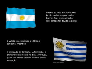 Mesmo estando a mais de 1000
                                         km do vulcão, em poucos dias
                                         Buenos Aires teve que fechar
                                         seus aeroportos devido as cinzas




O Vulcão está localizado a 100 Km a
Bariloche, Argentina


O aeroporto de Bariloche, só foi receber o
primeiro voo comercial no dia 17/09/2011,
quase três meses após ser fechado devido
a erupção.
 