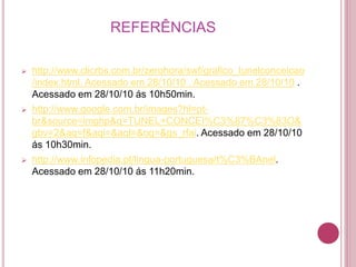 REFERÊNCIAS
 http://www.clicrbs.com.br/zerohora/swf/grafico_tunelconceicao
/index.html. Acessado em 28/10/10 . Acessado em 28/10/10 .
Acessado em 28/10/10 ás 10h50min.
 http://www.google.com.br/images?hl=pt-
br&source=imghp&q=TUNEL+CONCEI%C3%87%C3%83O&
gbv=2&aq=f&aqi=&aql=&oq=&gs_rfai. Acessado em 28/10/10
ás 10h30min.
 http://www.infopedia.pt/lingua-portuguesa/t%C3%BAnel.
Acessado em 28/10/10 ás 11h20min.
 