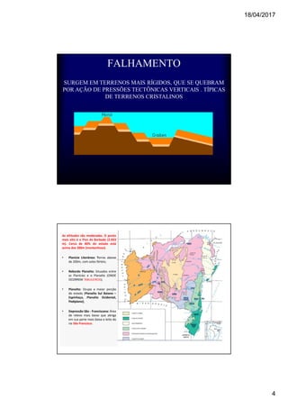 18/04/2017
4
FALHAMENTO
SURGEM EM TERRENOS MAIS RÍGIDOS, QUE SE QUEBRAM
POR AÇÃO DE PRESSÕES TECTÔNICAS VERTICAIS . TÍPICAS
DE TERRENOS CRISTALINOS
As altitudes são moderadas. O ponto
mais alto é o Pico do Barbado (2.033
m). Cerca de 80% do estado está
acima dos 200m (montanhoso).
• Planície Litorânea: Terras abaixo
de 200m, com solos férteis;
• Rebordo Planalto: Situados entre
as Planícies e o Planalto (ONDE
OCORREM TABULEIROS);
• Planalto: Ocupa a maior porção
do estado (Planalto Sul Baiano –
Espinhaço, Planalto Ocidental,
Pediplano);
• Depressão São - Franciscana: Área
de relevo mais baixo que abriga
em sua parte mais baixa o leito do
rio São Francisco.
 