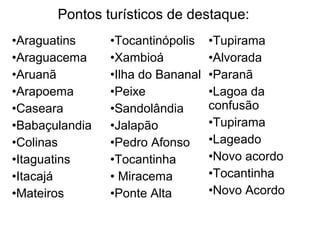 Pontos turísticos de destaque:
•Araguatins
•Araguacema
•Aruanã
•Arapoema
•Caseara
•Babaçulandia
•Colinas
•Itaguatins
•Itacajá
•Mateiros
•Tocantinópolis
•Xambioá
•Ilha do Bananal
•Peixe
•Sandolândia
•Jalapão
•Pedro Afonso
•Tocantinha
• Miracema
•Ponte Alta
•Tupirama
•Alvorada
•Paranã
•Lagoa da
confusão
•Tupirama
•Lageado
•Novo acordo
•Tocantinha
•Novo Acordo
 