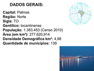 DADOS GERAIS:
Capital: Palmas
Região: Norte
Sigla: TO
Gentílico: tocantinense
População: 1.383.453 (Censo 2010)
Área (em km²): 277.620,914
Densidade Demográfica km²: 4,98
Quantidade de municípios: 139
 