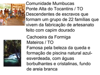 Comunidade Mumbucas
Ponte Alta do Tocantins / TO
Descendentes de escravos que
formam um grupo de 22 famílias que
vivem da fabricação de artesanato
feito com capim dourado
Cachoeira da Formiga
Mateiros / TO
Famosa pela beleza da queda e
formação de piscina natural azul-
esverdeada, com águas
borbulhantes e cristalinas, fundo
de areia branca
 