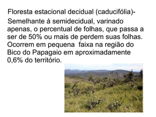 Floresta estacional decidual (caducifólia)-
Semelhante á semidecidual, varinado
apenas, o percentual de folhas, que passa a
ser de 50% ou mais de perdem suas folhas.
Ocorrem em pequena faixa na região do
Bico do Papagaio em aproximadamente
0,6% do território.
 