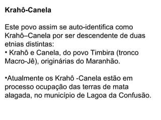 Krahô-Canela
Este povo assim se auto-identifica como
Krahô–Canela por ser descendente de duas
etnias distintas:
• Krahô e Canela, do povo Timbira (tronco
Macro-Jê), originárias do Maranhão.
•Atualmente os Krahô -Canela estão em
processo ocupação das terras de mata
alagada, no município de Lagoa da Confusão.
 