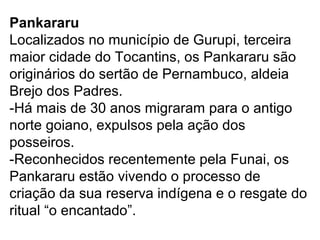 Pankararu
Localizados no município de Gurupi, terceira
maior cidade do Tocantins, os Pankararu são
originários do sertão de Pernambuco, aldeia
Brejo dos Padres.
-Há mais de 30 anos migraram para o antigo
norte goiano, expulsos pela ação dos
posseiros.
-Reconhecidos recentemente pela Funai, os
Pankararu estão vivendo o processo de
criação da sua reserva indígena e o resgate do
ritual “o encantado”.
 