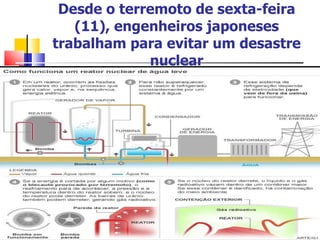 Desde o terremoto de sexta-feira (11), engenheiros japoneses trabalham para evitar um desastre nuclear Na usina, localizada na costa nordeste a 200 km de Tóquio, técnicos estão injetando água do mar nos reatores para tentar controlar a temperatura, já que o superaquecimento pode provocar explosões e acidentes. 