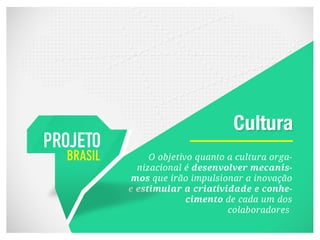 O objetivo quanto a cultura orga-
  nizacional é desenvolver mecanis-
 mos que irão impulsionar a inovação
e estimular a criatividade e conhe-
              cimento de cada um dos
                       colaboradores
 