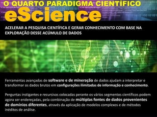 eScience
O QUARTO PARADIGMA CIENTÍFICO
ACELERAR A PESQUISA CIENTÍFICA E GERAR CONHECIMENTO COM BASE NA
EXPLORAÇÃO DESSE ACÚMULO DE DADOS
Ferramentas avançadas de software e de mineração de dados ajudam a interpretar e
transformar os dados brutos em configurações ilimitadas de informação e conhecimento.
Perguntas instigantes e recursivas colocadas perante os vários segmentos científicos podem
agora ser endereçadas, pela combinação de múltiplas fontes de dados provenientes
de domínios diferentes, através da aplicação de modelos complexos e de métodos
inéditos de análise.
 