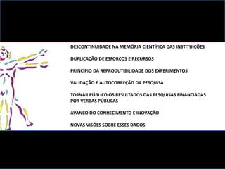 DESCONTINUIDADE NA MEMÓRIA CIENTÍFICA DAS INSTITUIÇÕES
DUPLICAÇÃO DE ESFORÇOS E RECURSOS
PRINCÍPIO DA REPRODUTIBILIDADE DOS EXPERIMENTOS
VALIDAÇÃO E AUTOCORREÇÃO DA PESQUISA
TORNAR PÚBLICO OS RESULTADOS DAS PESQUISAS FINANCIADAS
POR VERBAS PÚBLICAS
AVANÇO DO CONHECIMENTO E INOVAÇÃO
NOVAS VISÕES SOBRE ESSES DADOS
 