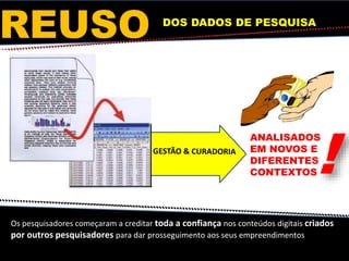 ANALISADOS
EM NOVOS E
DIFERENTES
CONTEXTOS
DOS DADOS DE PESQUISA
REUSO
Os pesquisadores começaram a creditar toda a confiança nos conteúdos digitais criados
por outros pesquisadores para dar prosseguimento aos seus empreendimentos
 