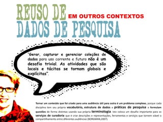 EM OUTROS CONTEXTOS
Tornar um conteúdo que foi criado para uma audiência útil para outra é um problema complexo, porque cada
disciplina tem seu próprio vocabulário, estrutura de dados e práticas de pesquisa e formulam
questões de forma distintas usando sua própria terminologia. Isto coloca um desafio importante para os
serviços de curadoria que é criar descrições e representações, ferramentas e serviços que tornem viável o
compartilhamento entre diferentes audiências (BORGMAN,2007).
“Gerar, capturar e gerenciar coleções de
dados para uso corrente e futuro não é um
desafio trivial. As atividades que são
locais e tácitas se tornam globais e
explícitas”.
 