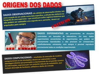 DADOS EXPERIMENTAIS são provenientes de situações
controladas em bancadas de laboratórios. Em tese, dados
experimentais provenientes de experimentos que podem ser
precisamente reproduzidos e não precisam ser armazenados
indefinidamente; entretanto, nem sempre é possível reproduzir
precisamente todas as condições experimentais.
 