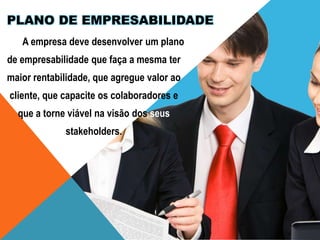 PLANO DE EMPRESABILIDADE
A empresa deve desenvolver um plano
de empresabilidade que faça a mesma ter
maior rentabilidade, que agregue valor ao

cliente, que capacite os colaboradores e
que a torne viável na visão dos seus
stakeholders.

 