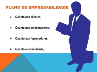 PLANO DE EMPRESABILIDADE
 Quanto aos clientes;
 Quanto aos colaboradores;
 Quanto aos fornecedores;
 Quanto à comunidade;

 