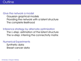 Outline


  Give the network a model
     Gaussian graphical models
     Providing the network with a latent structure
     The complete likelihood

  Inference strategy by alternate optimization
      The E–step: estimation of the latent structure
      The M–step: inferring the connectivity matrix

  Numerical Experiments
    Synthetic data
    Breast cancer data



Ambroise, Chiquet, Matias                              6
 