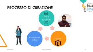 PROCESSO DI CREAZIONE
03/09/20XX Titolo presentazione 12
teoria
strumenti
Game
Esperienza
ludica
 