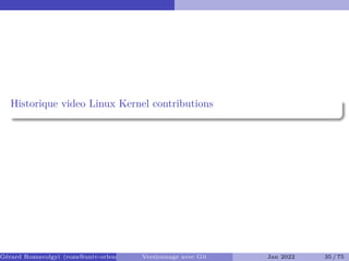 Historique video Linux Kernel contributions
Gérard Rozsavolgyi (roza@univ-orleans.fr) Versionnage avec Git Jan 2022 35 / 75
 