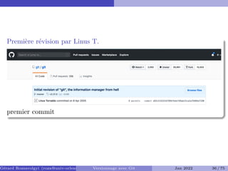 Première révision par Linus T.
premier commit
Gérard Rozsavolgyi (roza@univ-orleans.fr) Versionnage avec Git Jan 2022 36 / 75
 