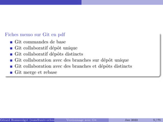 Fiches memo sur Git en pdf
Git commandes de base
Git collaboratif dépôt unique
Git collaboratif dépôts distincts
Git collaboration avec des branches sur dépôt unique
Git collaboration avec des branches et dépôts distincts
Git merge et rebase
Gérard Rozsavolgyi (roza@univ-orleans.fr) Versionnage avec Git Jan 2022 5 / 75
 
