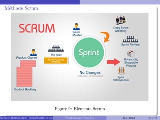 Méthode Scrum
Figure 9: Eléments Scrum
Gérard Rozsavolgyi (roza@univ-orleans.fr) Versionnage avec Git Jan 2022 67 / 75
 