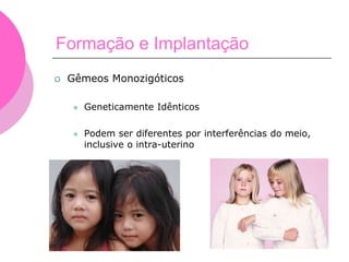 Formação e Implantação
 Gêmeos Monozigóticos
 Geneticamente Idênticos
 Podem ser diferentes por interferências do meio,
inclusive o intra-uterino
 