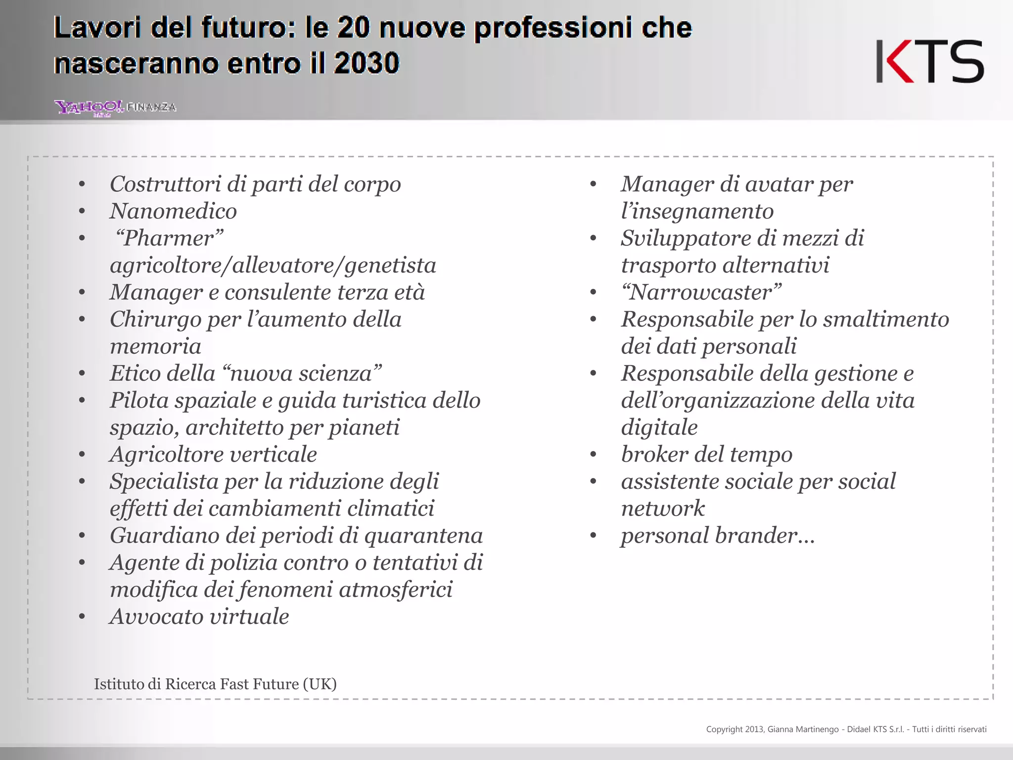 •     Costruttori di parti del corpo            •   Manager di avatar per
•     Nanomedico                                    l’insegnamento
•      “Pharmer”                                •   Sviluppatore di mezzi di
      agricoltore/allevatore/genetista              trasporto alternativi
•     Manager e consulente terza età            •   “Narrowcaster”
•     Chirurgo per l’aumento della              •   Responsabile per lo smaltimento
      memoria                                       dei dati personali
•     Etico della “nuova scienza”               •   Responsabile della gestione e
•     Pilota spaziale e guida turistica dello       dell’organizzazione della vita
      spazio, architetto per pianeti                digitale
•     Agricoltore verticale                     •   broker del tempo
•     Specialista per la riduzione degli        •   assistente sociale per social
      effetti dei cambiamenti climatici             network
•     Guardiano dei periodi di quarantena       •   personal brander…
•     Agente di polizia contro o tentativi di
      modifica dei fenomeni atmosferici
•     Avvocato virtuale

    Istituto di Ricerca Fast Future (UK)

                                                            Copyright 2013, Gianna Martinengo - Didael KTS S.r.l. - Tutti i diritti riservati
 