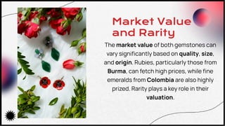 Market Value
and Rarity
The market value of both gemstones can
vary signiﬁcantly based on quality, size,
and origin. Rubies, particularly those from
Burma, can fetch high prices, while ﬁne
emeralds from Colombia are also highly
prized. Rarity plays a key role in their
valuation.
 