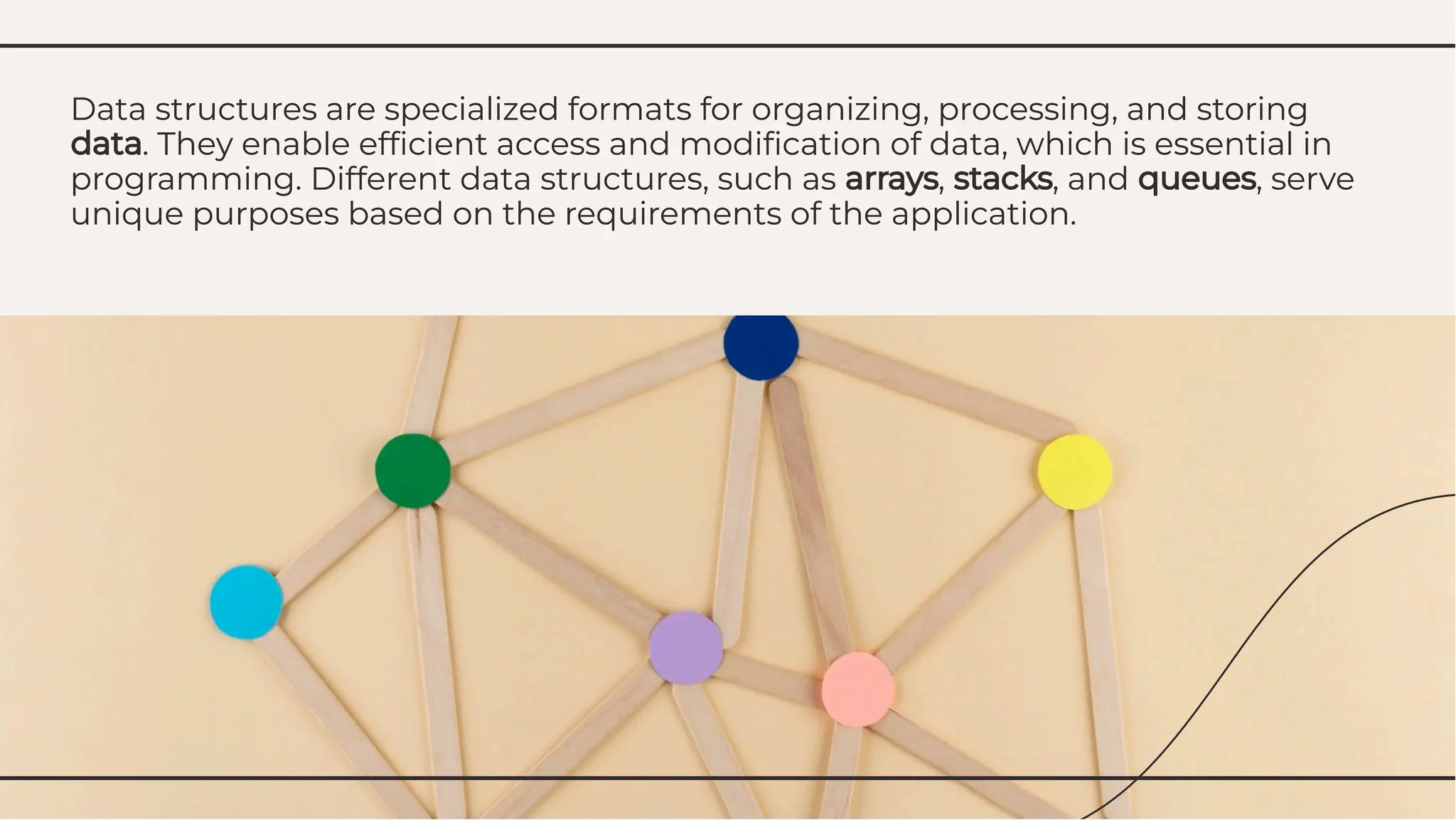 Data structures are specialized formats for organizing, processing, and storing
data. They enable efﬁcient access and modiﬁcation of data, which is essential in
programming. Different data structures, such as arrays, stacks, and queues, serve
unique purposes based on the requirements of the application.
Data structures are specialized formats for organizing, processing, and storing
data. They enable efﬁcient access and modiﬁcation of data, which is essential in
programming. Different data structures, such as arrays, stacks, and queues, serve
unique purposes based on the requirements of the application.
 