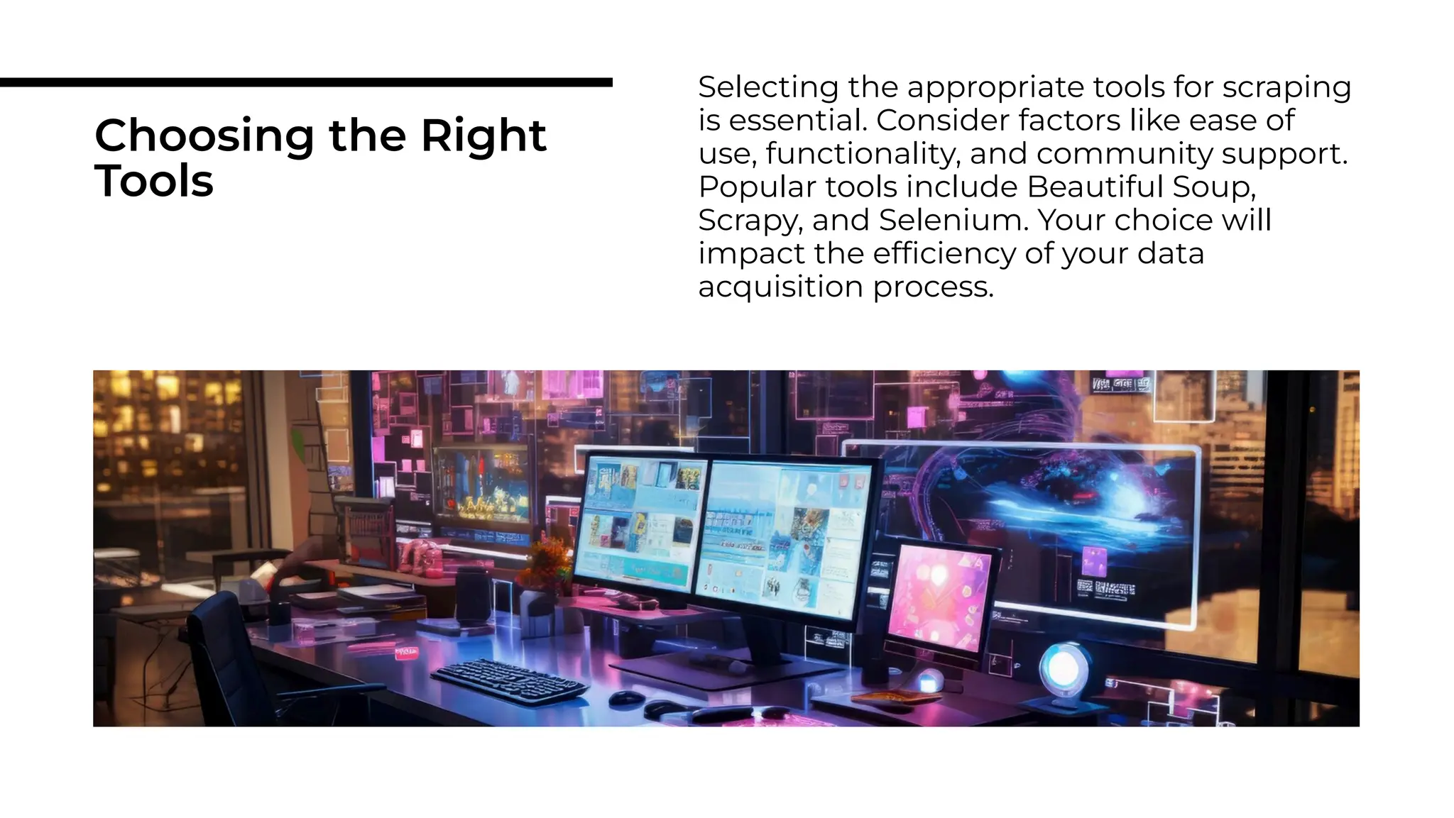 Choosing the Right
Tools
Selecting the appropriate tools for scraping
is essential. Consider factors like ease of
use, functionality, and community support.
Popular tools include Beautiful Soup,
Scrapy, and Selenium. Your choice will
impact the efﬁciency of your data
acquisition process.
 