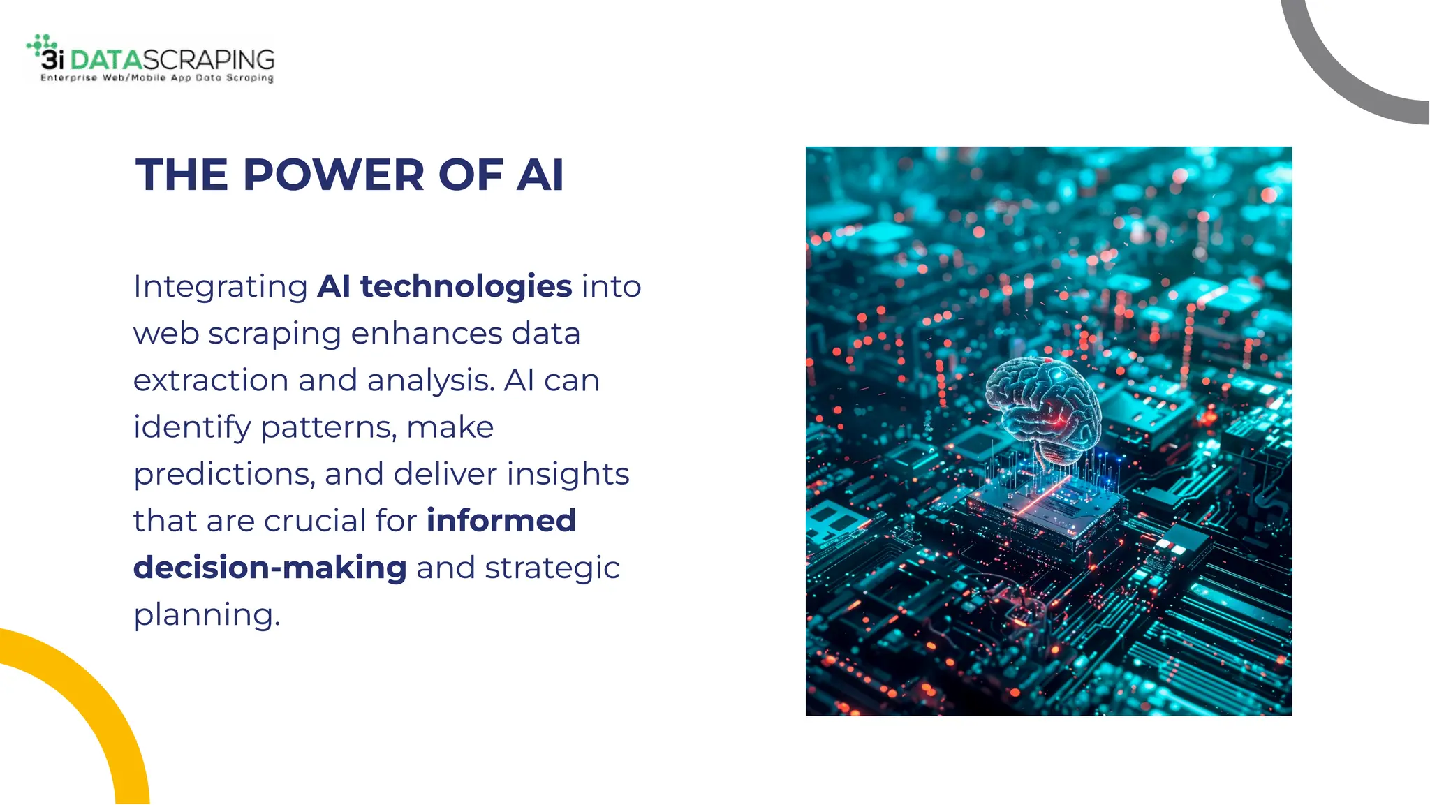 THE POWER OF AI
THE POWER OF AI
Integrating AI technologies into
web scraping enhances data
extraction and analysis. AI can
identify patterns, make
predictions, and deliver insights
that are crucial for informed
decision-making and strategic
planning.
Integrating AI technologies into
web scraping enhances data
extraction and analysis. AI can
identify patterns, make
predictions, and deliver insights
that are crucial for informed
decision-making and strategic
planning.
 