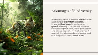 Advantages of Biodiversity
Advantages of Biodiversity
Biodiversity offers numerous beneﬁts such
as enhanced ecosystem resilience,
improved food security, and greater
genetic diversity. It supports ecosystem
services like pollination, water puriﬁcation,
and climate regulation, which are vital for
maintaining a balanced environment and
ensuring sustainable development.
Biodiversity offers numerous beneﬁts such
as enhanced ecosystem resilience,
improved food security, and greater
genetic diversity. It supports ecosystem
services like pollination, water puriﬁcation,
and climate regulation, which are vital for
maintaining a balanced environment and
ensuring sustainable development.
 