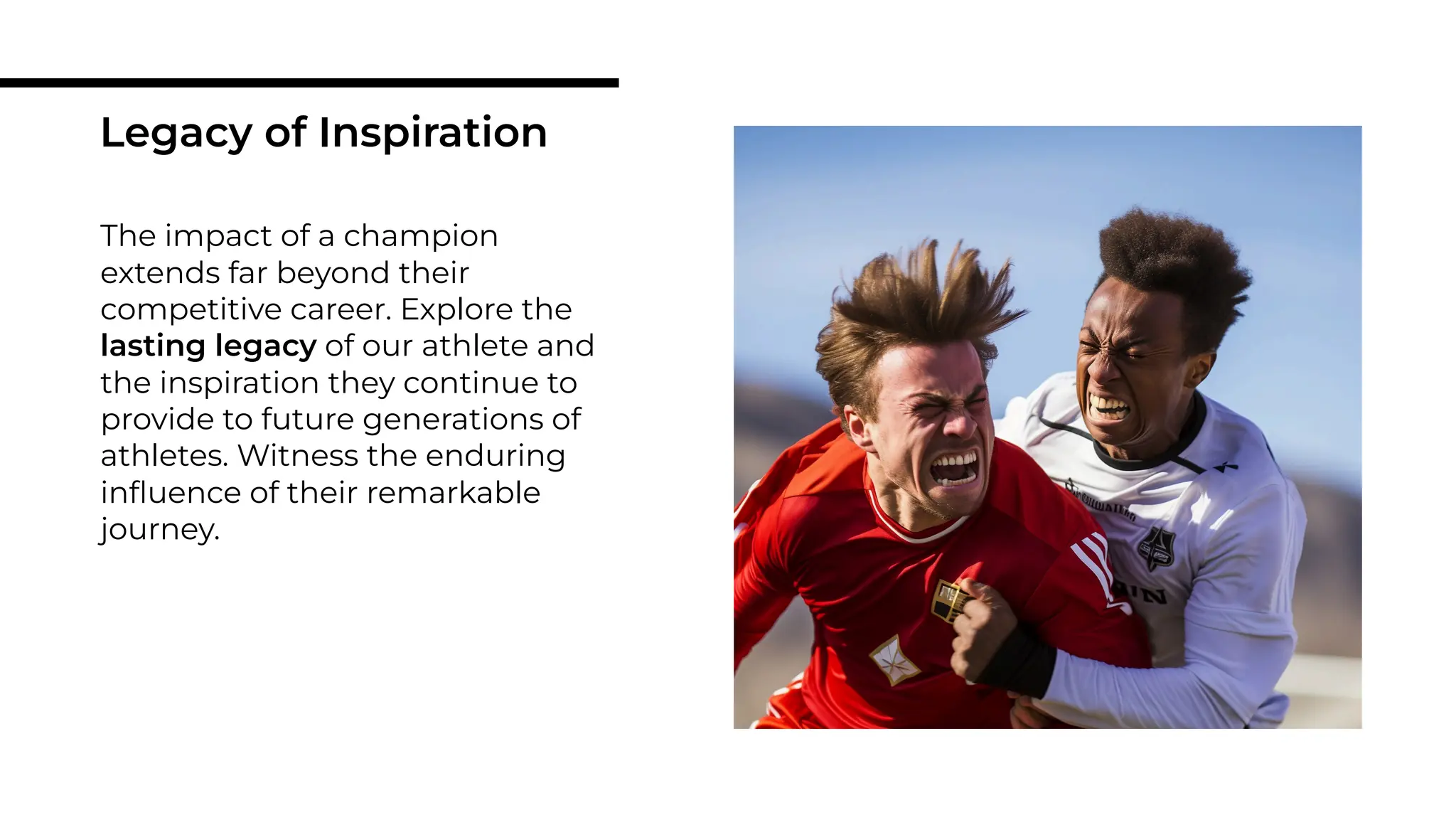 The impact of a champion
extends far beyond their
competitive career. Explore the
lasting legacy of our athlete and
the inspiration they continue to
provide to future generations of
athletes. Witness the enduring
inﬂuence of their remarkable
journey.
Legacy of Inspiration
 