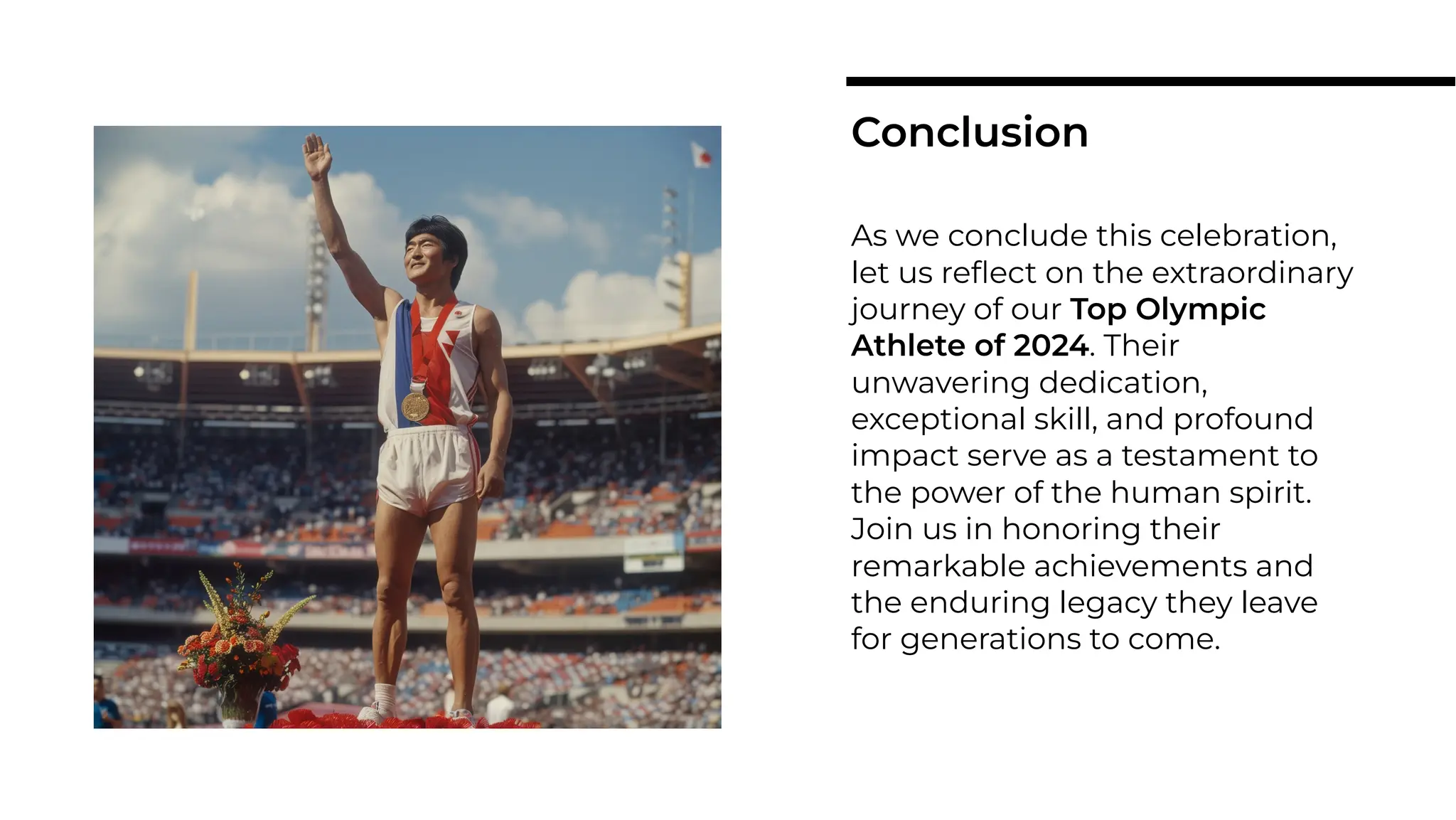 As we conclude this celebration,
let us reﬂect on the extraordinary
journey of our Top Olympic
Athlete of 2024. Their
unwavering dedication,
exceptional skill, and profound
impact serve as a testament to
the power of the human spirit.
Join us in honoring their
remarkable achievements and
the enduring legacy they leave
for generations to come.
Conclusion
 