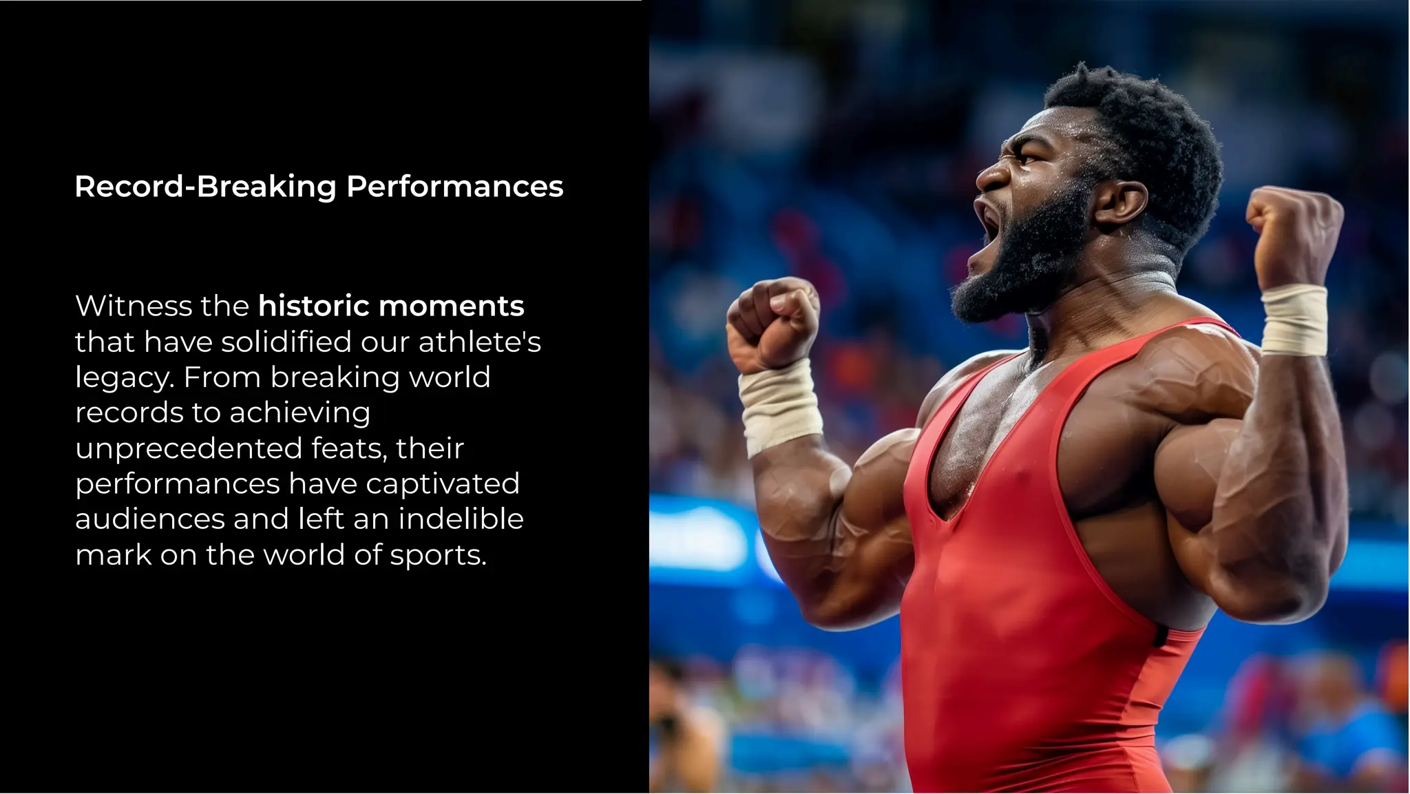 Witness the historic moments
that have solidiﬁed our athlete's
legacy. From breaking world
records to achieving
unprecedented feats, their
performances have captivated
audiences and left an indelible
mark on the world of sports.
Record-Breaking Performances
 