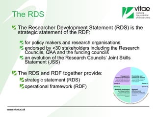 The RDS The  Researcher Development Statement  (RDS) is the strategic statement of the RDF: for policy makers and research organisations endorsed by >30 stakeholders including the Research Councils, QAA and the funding councils an evolution of the Research Councils’ Joint Skills Statement (JSS)  The RDS and RDF together provide:  strategic statement (RDS)  operational framework (RDF)  