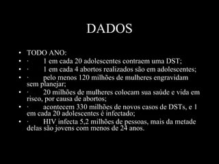 DADOS TODO ANO: ·        1 em cada 20 adolescentes contraem uma DST; ·        1 em cada 4 abortos realizados são em adolescentes; ·        pelo menos 120 milhões de mulheres engravidam sem planejar; ·        20 milhões de mulheres colocam sua saúde e vida em risco, por causa de abortos; ·        acontecem 330 milhões de novos casos de DSTs, e 1 em cada 20 adolescentes é infectado; ·        HIV infecta 5,2 milhões de pessoas, mais da metade delas são jovens com menos de 24 anos.   