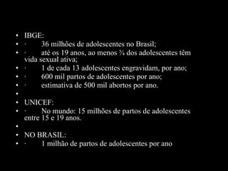 IBGE: ·        36 milhões de adolescentes no Brasil; ·        até os 19 anos, ao menos ¾ dos adolescentes têm vida sexual ativa; ·        1 de cada 13 adolescentes engravidam, por ano; ·        600 mil partos de adolescentes por ano; ·        estimativa de 500 mil abortos por ano.   UNICEF: ·        No mundo: 15 milhões de partos de adolescentes entre 15 e 19 anos.   NO BRASIL: ·        1 milhão de partos de adolescentes por ano     