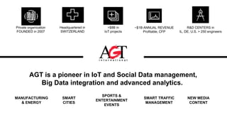 AGT is a pioneer in IoT and Social Data management,
Big Data integration and advanced analytics.
MANUFACTURING
& ENERGY
SM...