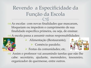 Revendo  a Especificidade da Função da Escola As escolas  com novas finalidades que mascaram, bloqueiam ou impedem o cumprimento de sua finalidade específica primeira, ou seja, de ensinar. A escola passa a assumir outras responsabilidades: Alimentação (Restaurante); Comércio paralelo; Festas da comunidades; etc. Assim o professor vai assumindo tarefas que não lhe cabe: secretário, ajudante, merendeiro, tesoureiro, organizador de quermesse, entre outros. 