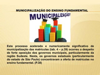 MUNICIPALIZAÇÃO DO ENSINO FUNDAMENTAL
Este processo acelerado e numericamente significativo de
municipalização das matrículas (tab. 4 – p.39) ocorreu a despeito
de forte oposição dos governos municipais, particularmente da
região Sudeste. Nesta, os governos estaduais (particularmente
do estado de São Paulo) concentravam a oferta de matrículas no
ensino fundamental. (P.38)
 
