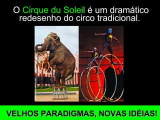 O  Cirque du Soleil  é um dramático redesenho do circo tradicional.  VELHOS PARADIGMAS, NOVAS IDÉIAS! 