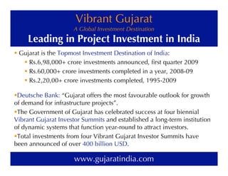 Vibrant Gujarat
                     A Global Investment Destination
       Leading in Project Investment in India
! Gujarat is the Topmost Investment Destination of India:
   ! Rs.6,98,000+ crore investments announced, ﬁrst quarter 2009
   ! Rs.60,000+ crore investments completed in a year, 2008-09
   ! Rs.2,20,00+ crore investments completed, 1995-2009
   f

!Deutsche Bank: “Gujarat offers the most favourable outlook for growth
of demand for infrastructure projects”.
!The Government of Gujarat has celebrated success at four biennial
Vibrant Gujarat Investor Summits and established a long-term institution
of dynamic systems that function year-round to attract investors.
!Total investments from four Vibrant Gujarat Investor Summits have
been announced of over 400 billion USD.

                     www.gujaratindia.com
 