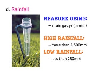 d.	
  Rainfall	
  
measure using:
– a	
  rain	
  gauge	
  (in	
  mm)	
  
High rainfall:
– more	
  than	
  1,500mm	
  
Low rainfall:
– less	
  than	
  250mm	
  
 