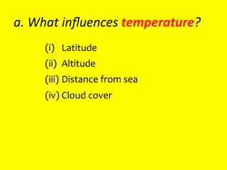 a.	
  What	
  inﬂuences	
  temperature?	
  
(i)  	
  Latitude	
  
(ii) 	
  Altitude	
  
(iii) 	
  Distance	
  from	
  sea	
  
(iv) 	
  Cloud	
  cover	
  
 