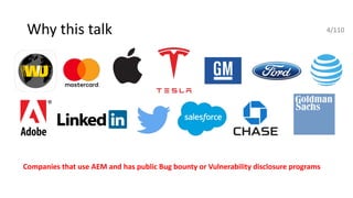 Why this talk
Companies that use AEM and has public Bug bounty or Vulnerability disclosure programs
4/110
 