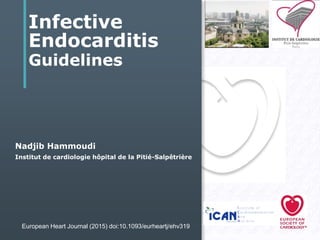 Infective
Endocarditis
Guidelines
European Heart Journal (2015) doi:10.1093/eurheartj/ehv319
1
Nadjib Hammoudi
Institut de cardiologie hôpital de la Pitié-Salpêtrière
 