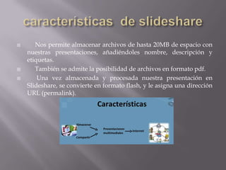       Nos permite almacenar archivos de hasta 20MB de espacio con
    nuestras presentaciones, añadiéndoles nombre, descripción y
    etiquetas.
      También se admite la posibilidad de archivos en formato pdf.
       Una vez almacenada y procesada nuestra presentación en
    Slideshare, se convierte en formato flash, y le asigna una dirección
    URL (permalink).
 